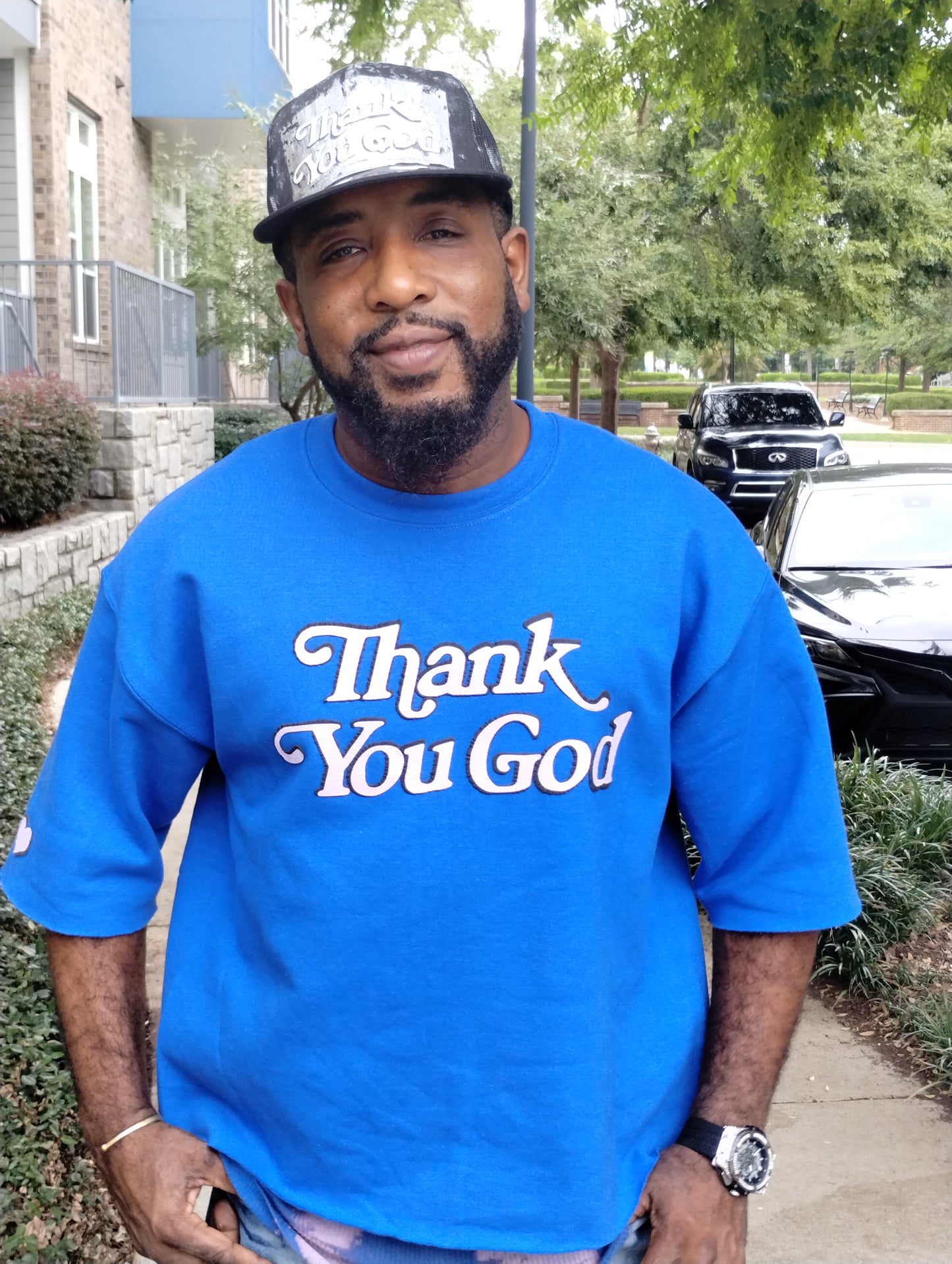 Thank You God Crop Sweatshirt-Blue