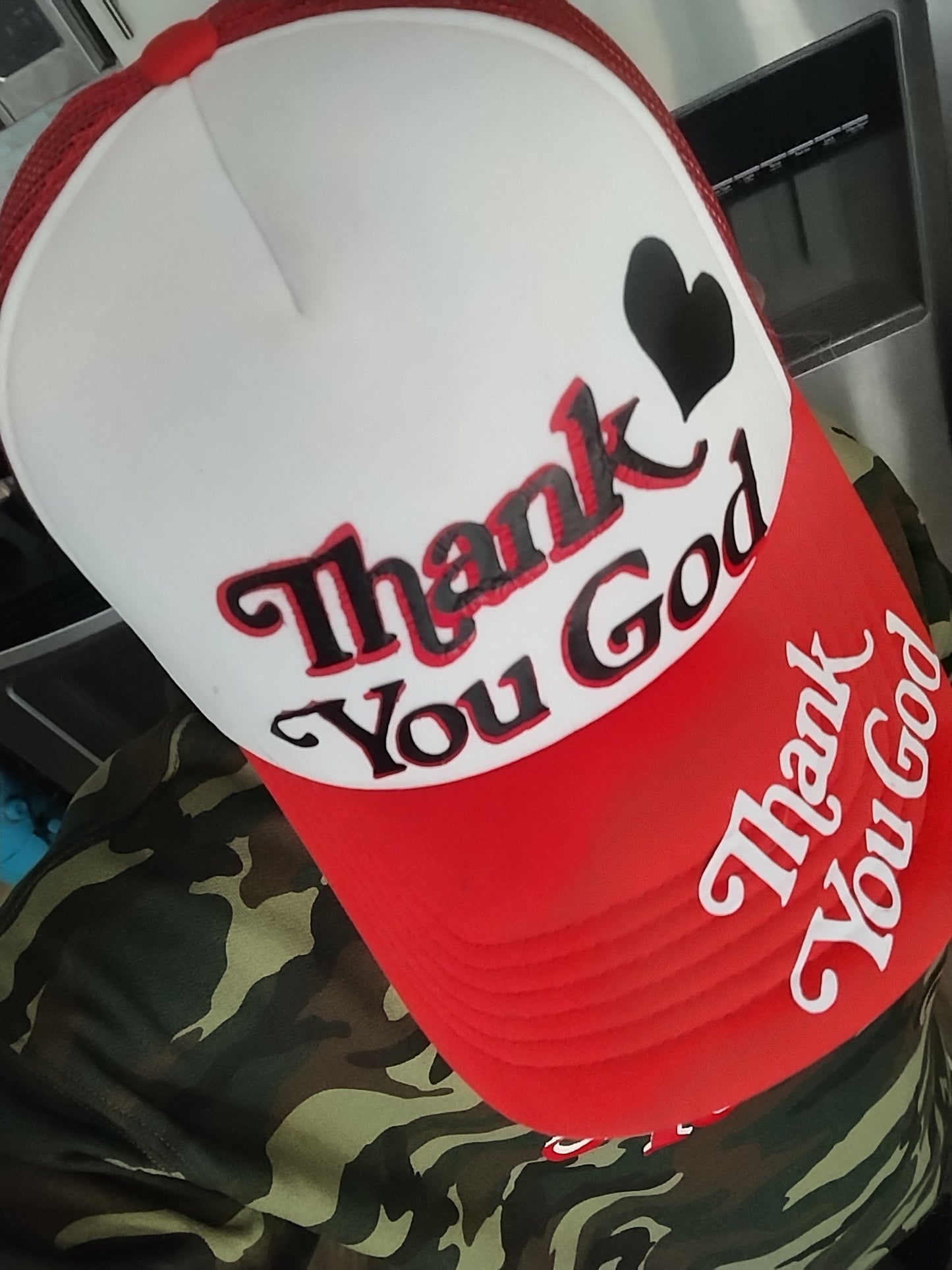 Red and White "Thank You God" Trucker Hat